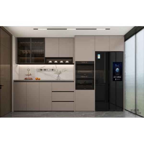 L-Shaped Beige Modern Stainless Steel Kitchen Cabinets With Glass Doors Design