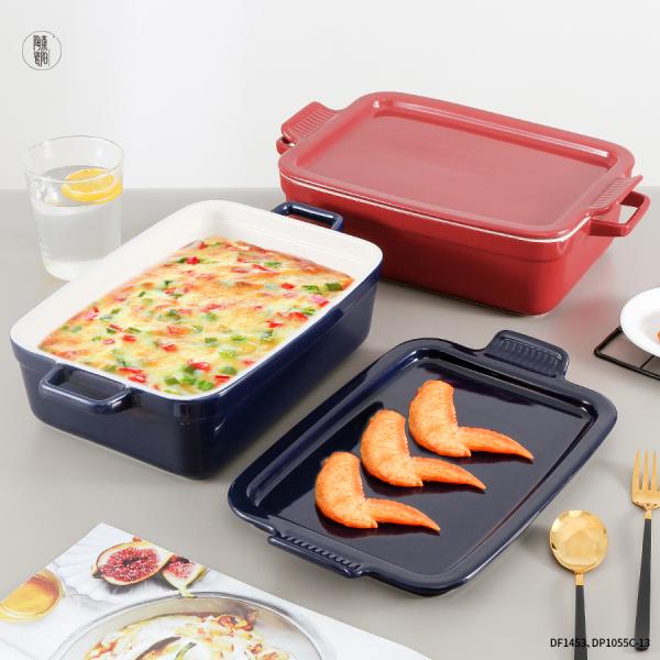 Muffin Dessert Ceramic Oven Dish , Rectangular Baking Pan With Platter Lid