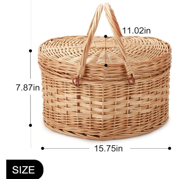 Picnic Basket for 2 Picniking Heart Shaped Empty Woven Wicker Willow Wood Hamper Backpack Box with Lid Cover Handle
