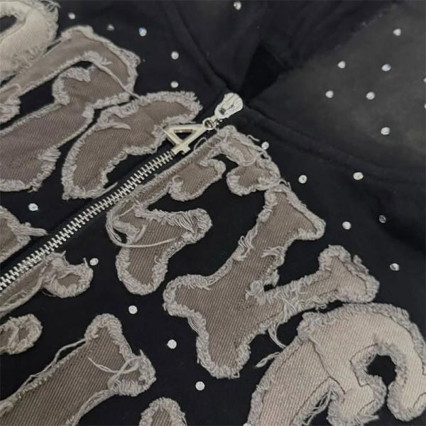 Embroidery Patch Logo Streetwear Mens Hoodies Rhinestone Hooded Sweatshirt