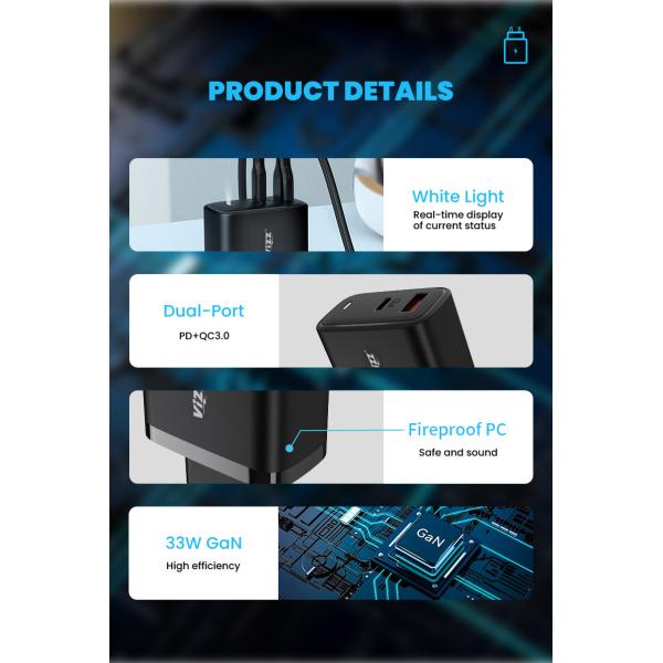 33w GaN Wall Charger Fast Charging Adapter PD Port 5V 3A For Tablet PC