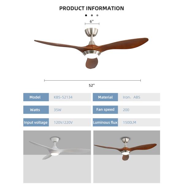 Popular 52 Inch 90lm/W ABS Blade Ceiling Fan With Light 50000hours
