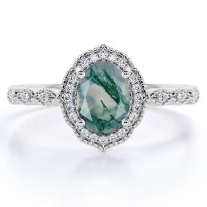 China Prong Halo Oval Cut Milky White Dendritic Green  Agate  And Moissanite Miligreen  Antique Design  Engagement Ring on sale