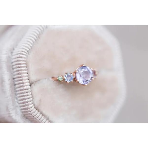 Natural Lavender Quartz Ring , 925 Sterling Silver Rose Gold Plated Five Stone Ring