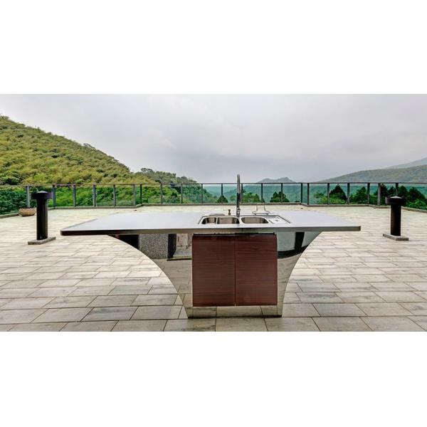 Boat Shaped Design Stainless Steel Outdoor Sink Cabinet With Rose Pink Wood Grain Accent