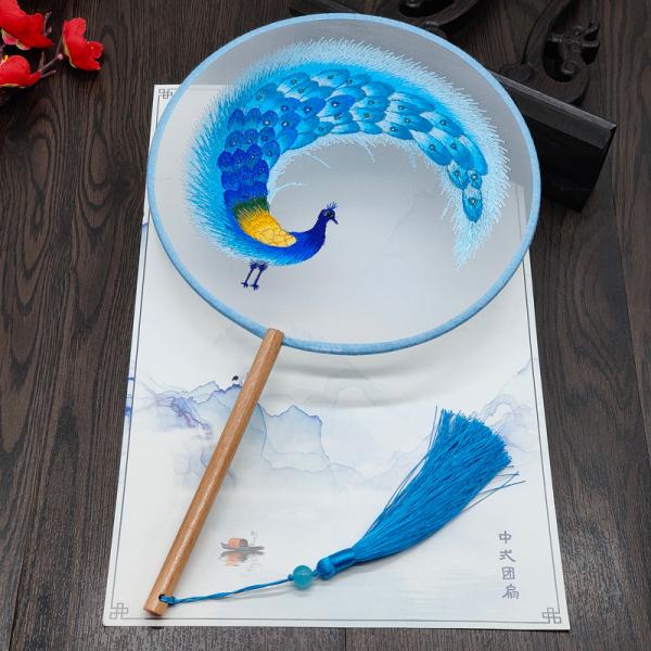 Y-Z Chinese Round Shape Hanfu Fabric Fan Wood Handle with Tassel Hand Embroidered Ancient Silk Fan