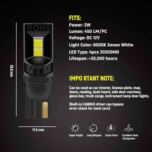 360 Degree LED Light Bulbs T10 194 168 147 W5W 3030 Car LED Interior Bulbs Error Free License Plate Light