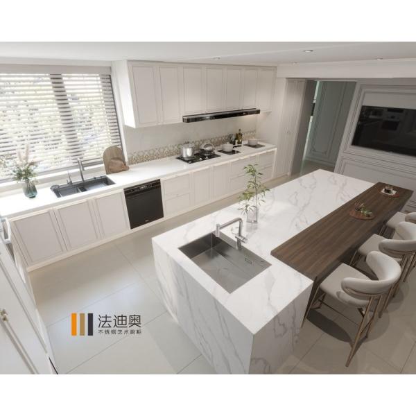 Refined Chic Modern Cream White Stainless Steel Kitchen Cabinetry With Luxurious Marble