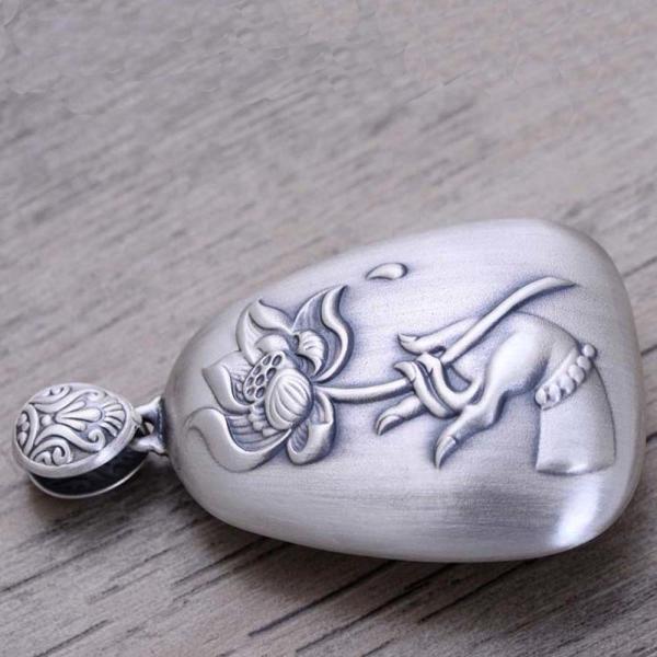 Women Engraved Sutra Flower Sterling Silver Drop Pendant Necklace Buddhist Jewelry (N808063)