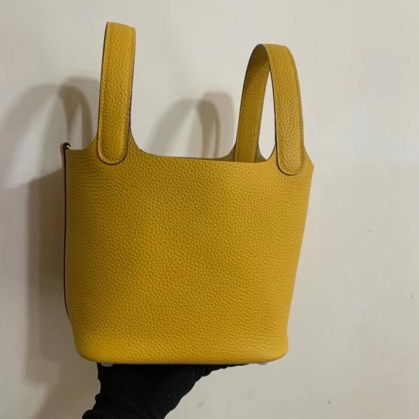 Hermes Branded Ladies Handbag Jaune Ambre Picotin Lock PM Clemence Leather Soleil