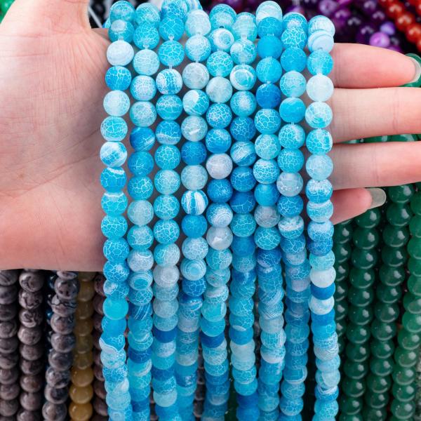 Blue Weathered Agate Loose Bead Strands Semi Precious Stone Matt Frosted Cracked Agate For DIY Jewelry Making