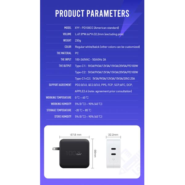 100W Dual USB-C Wall Charger with US Plug for Laptop and Phone