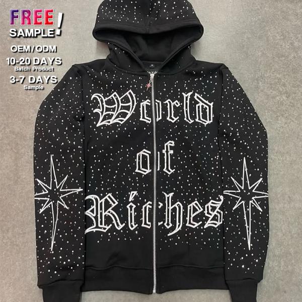 No String Heavy Weight Streetwear Full Zip Hoodie Rhinestone Silk Screen Printed Logo