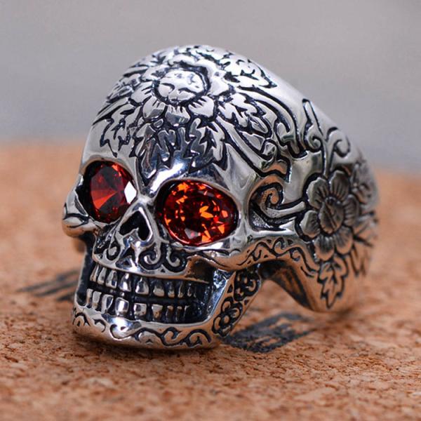 Men Retro Jewelry Heavy Sterling Silver Skull Ring with Red Cubic Zircon (043352)
