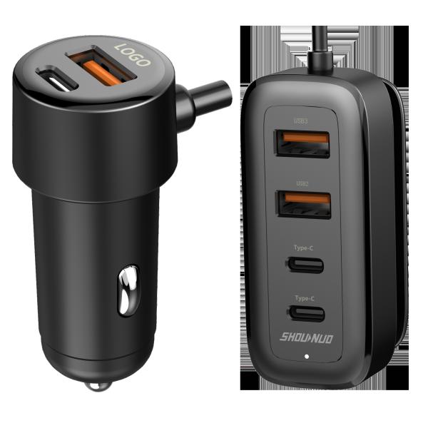 Multi Port ABS Fast Charging Car Charger With Extension Cord 120W Lighter Switch Plug