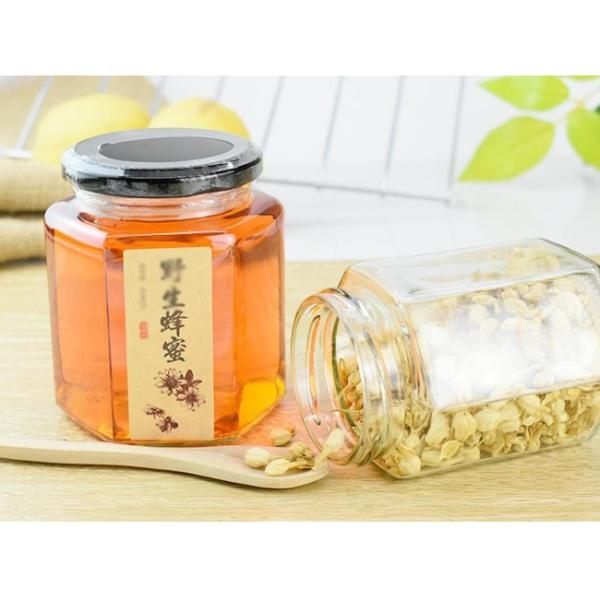 Food Grade Recyclable 380ml Hexagon Glass Honey Jars 13*13*13cm