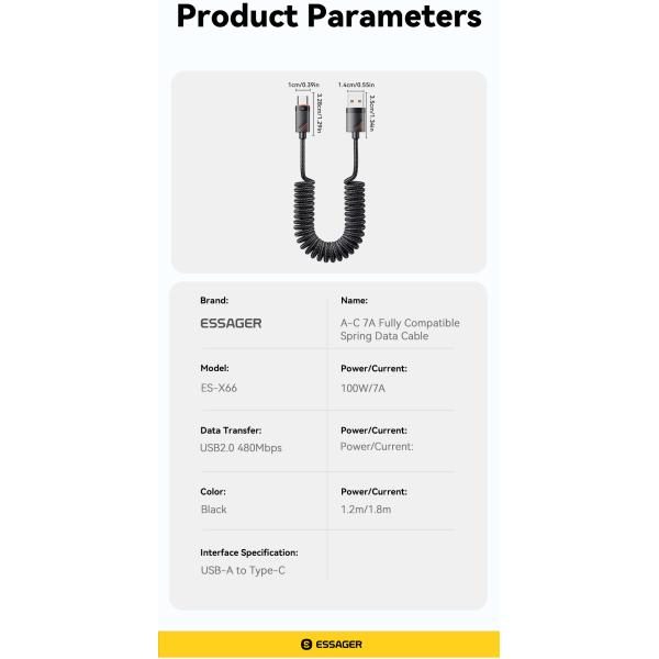 ESSAGER ES-X66 Spring Style Cable 100W 88W 7A USB Type C to USB Cable