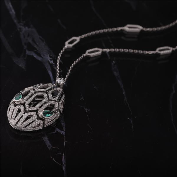 Italy Luxury Serpenti Necklace in 18K White Gold set with Emerald Eyes and with pavé diamonds on the Chain and the Head