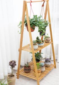Cheap 4 Tier Three Tier Bamboo Flower Pot Shelf Indoor Outdoor Foldable Hanging Pot Plant Shelves wholesale