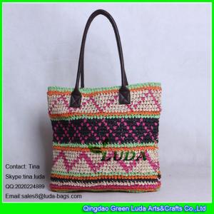 Cheap LUDA spainish straw handbag fashion crocheted pattern paper straw bag leather handles wholesale