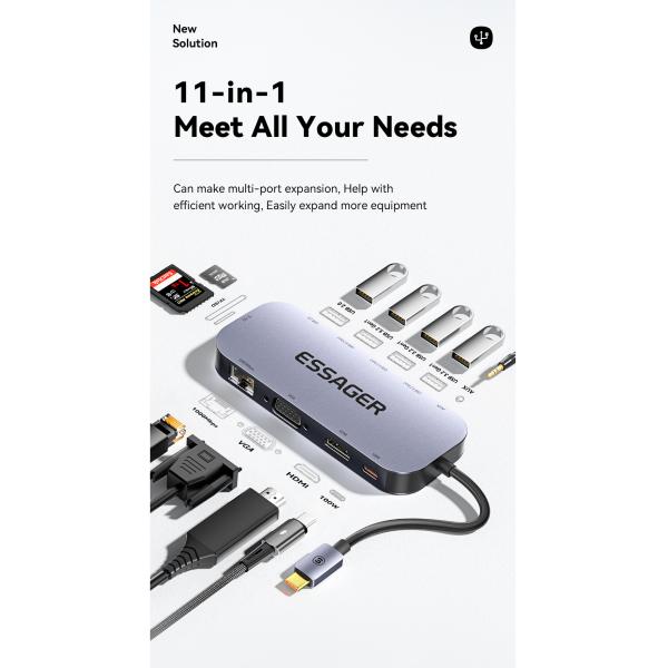 11 In 1 Usb C Hub PD 100W Fast Charging 5Gbps 32GB SD Card 10 Ports