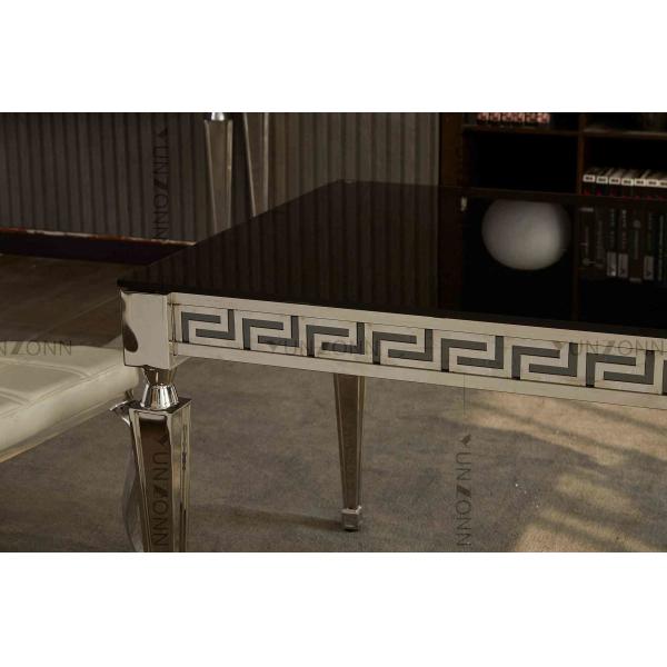 Concise Black Glass Dining Table Carved Edge Angular Legs For Dining Room