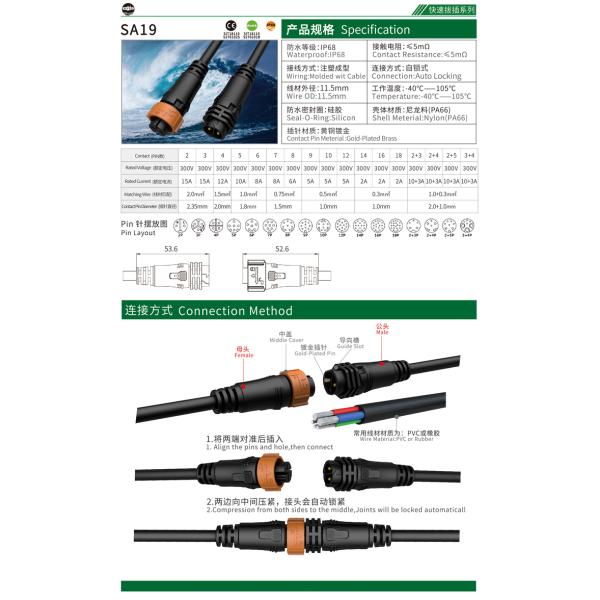 M19 Two Pins Push Pull 23mm Waterproof Quick Connectors
