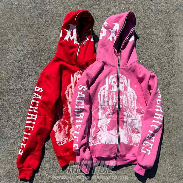 Anti Pilling Custom Full Face Zip Up Hoodies Skull Print Hoodies 500 Gsm