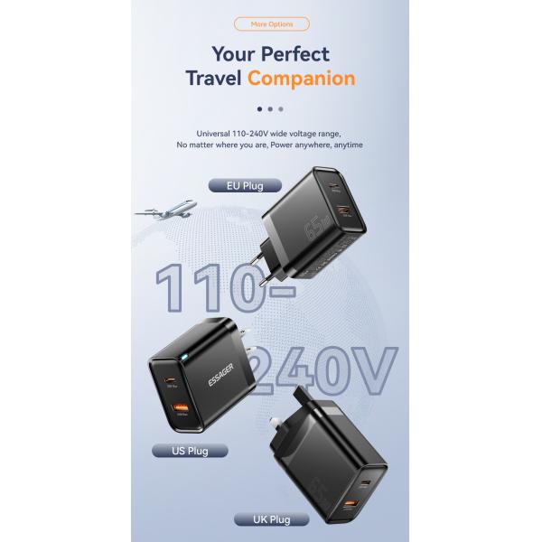 ESSAGER ES-CD43 USB Type C 65W QC4.0 PPS VOOC Gan Phone Fast Charger For Apple Huawei Xiaomi