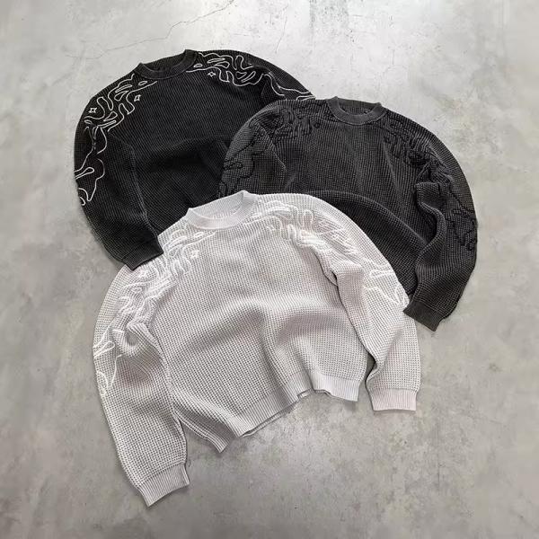 Custom Embroidery logo Knit Waffle Sweatshirt Men Plain Casual Eco-friendly Long Sleeve Pullover T-shirt Sweatshirt Manufacturer