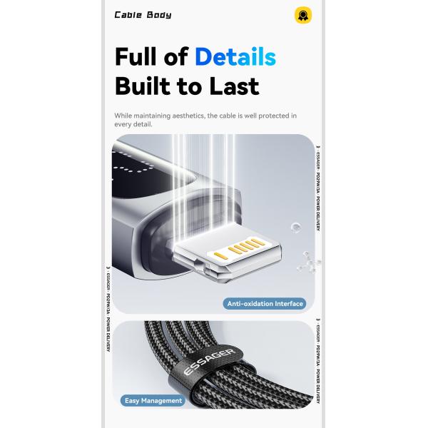 ESSAGER ES-X64 Series 29W USB-C to Lighting Charging Cord Data Cable with Aluminum Alloy Jacket and PD Function