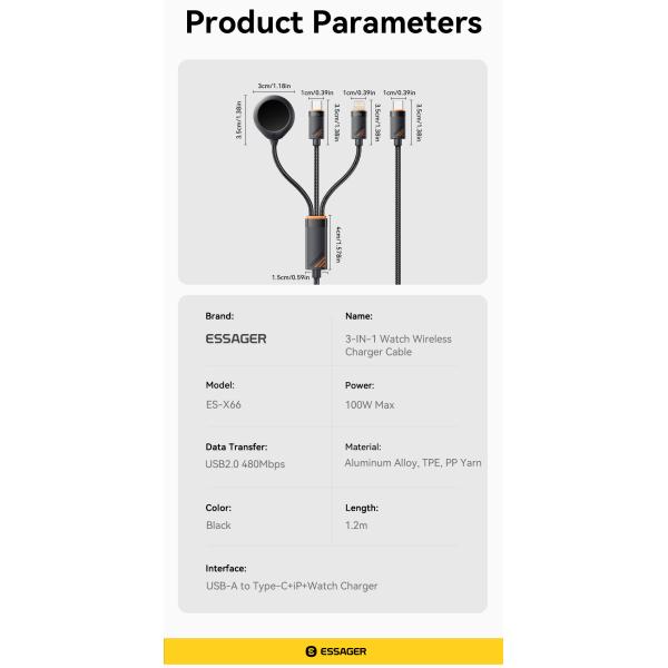 ESSAGER ES-X66 Series 100W USB C to USB C+L+Wireless Watch Charger 3 in 1 Cable