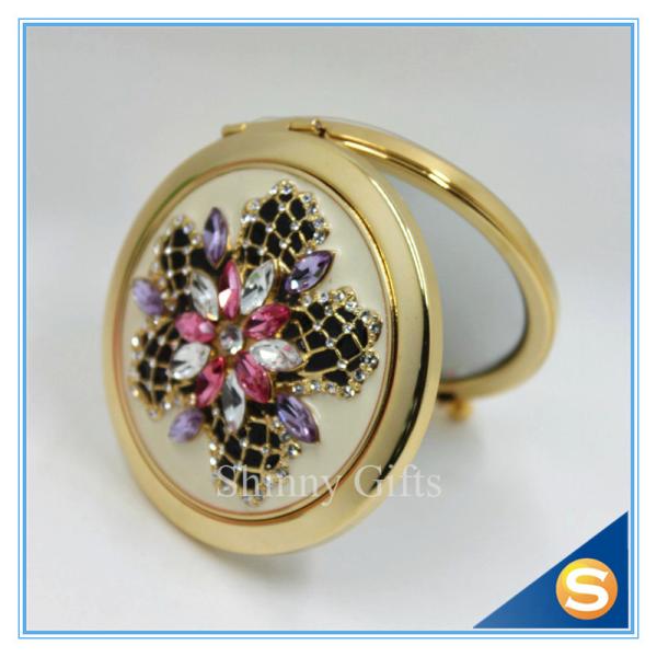 Shinny Gifts Luxury Rhinestone Flower Design Metal Compact Mirror Small Makeup Mirror For Girls Gift