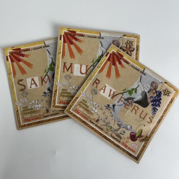 Customized Printing 3 Side Seal Kraft Paper Pouch With Foil Inside For Protein Bar