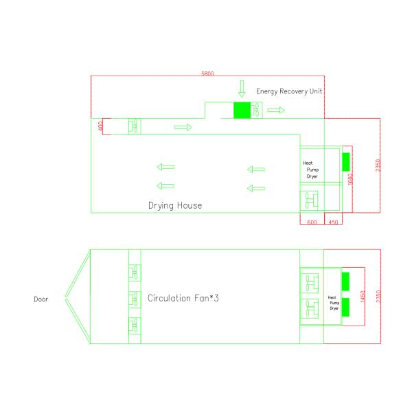 Heat pump dryer 50kW; 45L per hour dehuminification flow.
