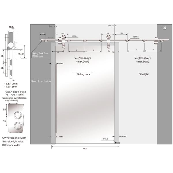 Glass Sliding Door Kit 107A, stainless steel 304, finishing satin, for bathroom door
