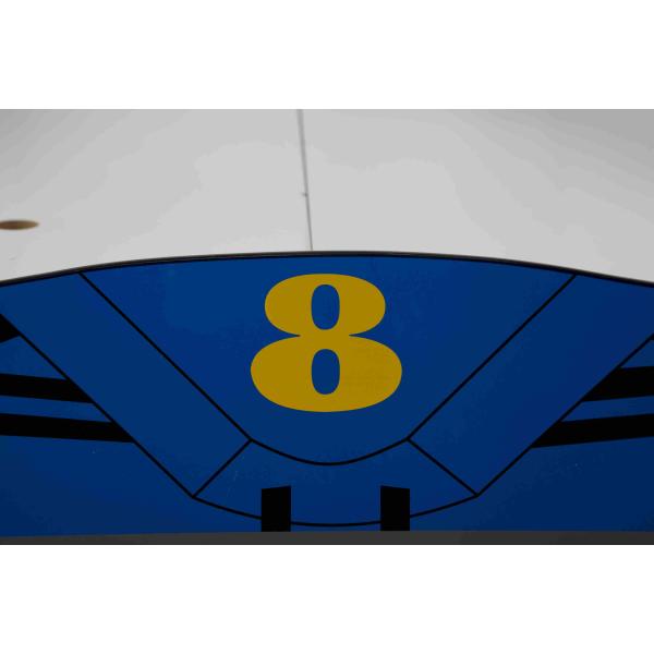 Blue Durable Wooden Race Car Toddler Bed With Colorful Character Graphics