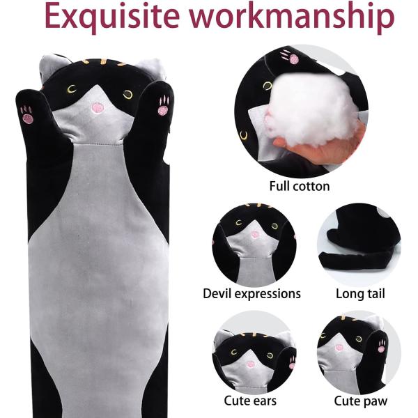 WUYU Lovely Plush Cat Doll Cute Cartoon Soft Stuffed Kitten Pillow Long Throw Sleeping Pillow Doll Toy Gift for Kids