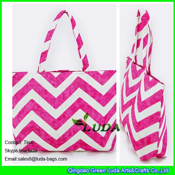 Quality LUDA wholesale purses pink and white Chevron Print Paper Straw Fashion Tote for sale
