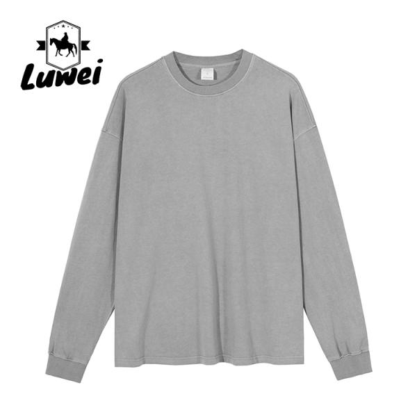 Long Sleeve Heavyweight Cotton Hoodie Grey Crew Neck Vintage Man Sweatshirts