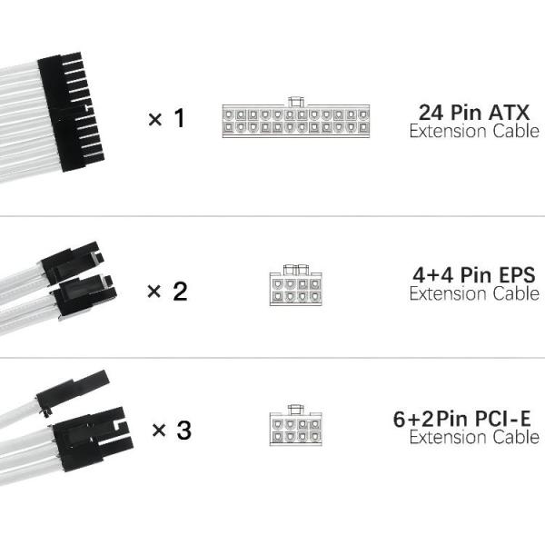 Wholesale 24 Pin ATX 2*4+4 Pin EPS 3*6+2Pin PCI-E Pearl White Extension Cable Set Six-piece