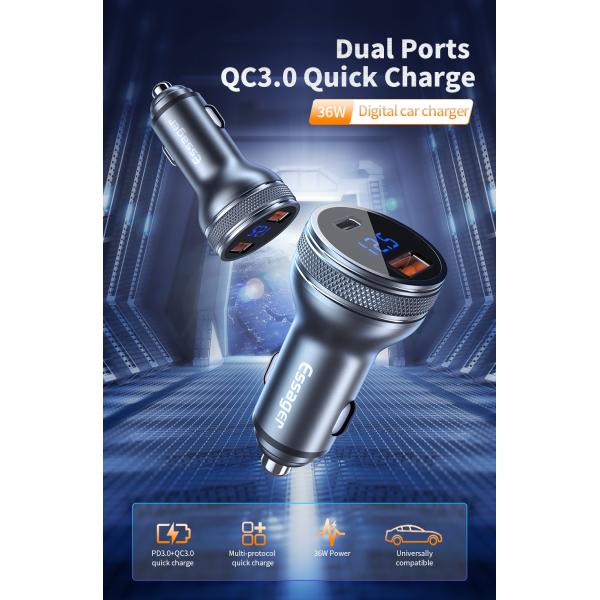ESSAGER PD3.0 QC3.0 36W LED Digital Display USB C Car Chargers Dual Port
