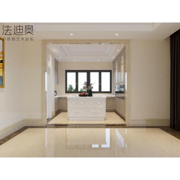 Luxury Stainless Steel U-Shaped Kitchen With Island And Molded Panels