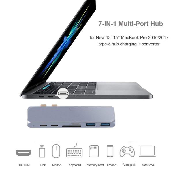 USB Type-C HUB Adapter, 7-in-1 Multi Port Dongle for 2016 and Later MacBook Pro 13” and 15” with 4K , Thunderbolt 3
