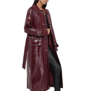 Wine Red Trench Women′s Slim Motorcycle PU Leather Coat Long Slim with Belt