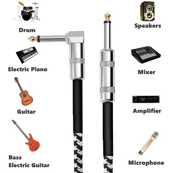 Durable Braided Right Angle to Straight 3M 10FT 1/4 inch TS Jack Music Instrument Electric Guitar Cable