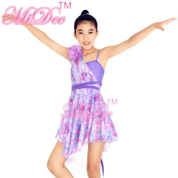 Textile Printing Floral Diagonal Lyrical Dance Competition Costumes Skating And Stage Dress Wedding Bridesmaids Dress
