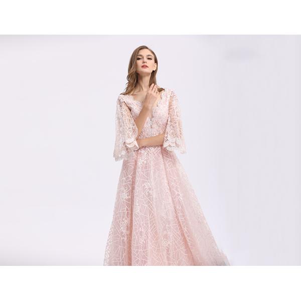 Custom Made Pink Half Sleeve Evening Gown With Hollow - Carved Design