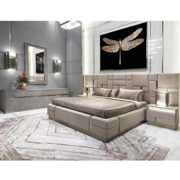 High End Hotel Genuine Leather King Size Bed Titanium Stainless Steel Beds