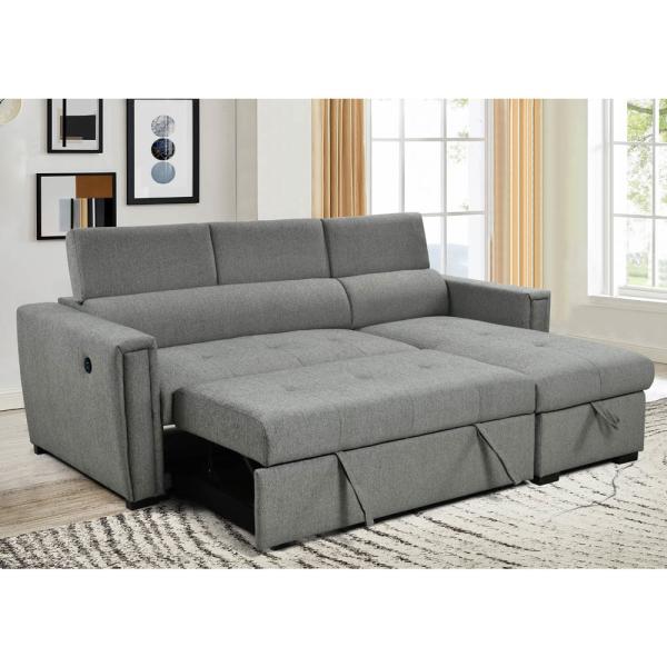 L-Shaped Reversible Sectional Sleeper Sofa with Pull-Out Bed and Storage and USB Charging Ports, Metal Gray Chenille
